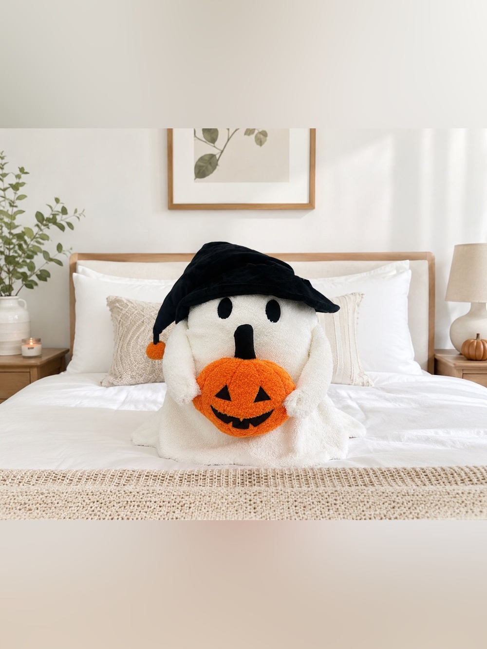 NEW Large Plush Ghost Holding Pumpkin Witch Hat Halloween Decor Pillow